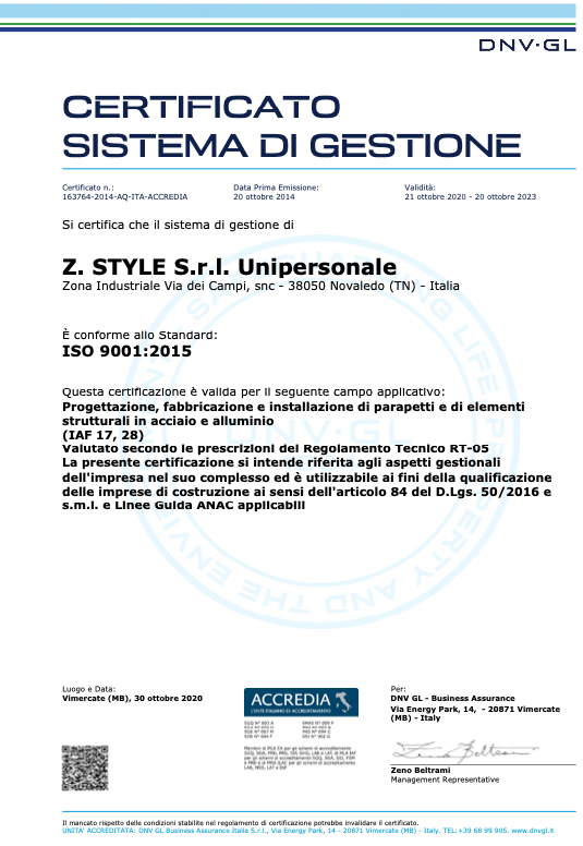 Certificato iso 9001 Z.Style
